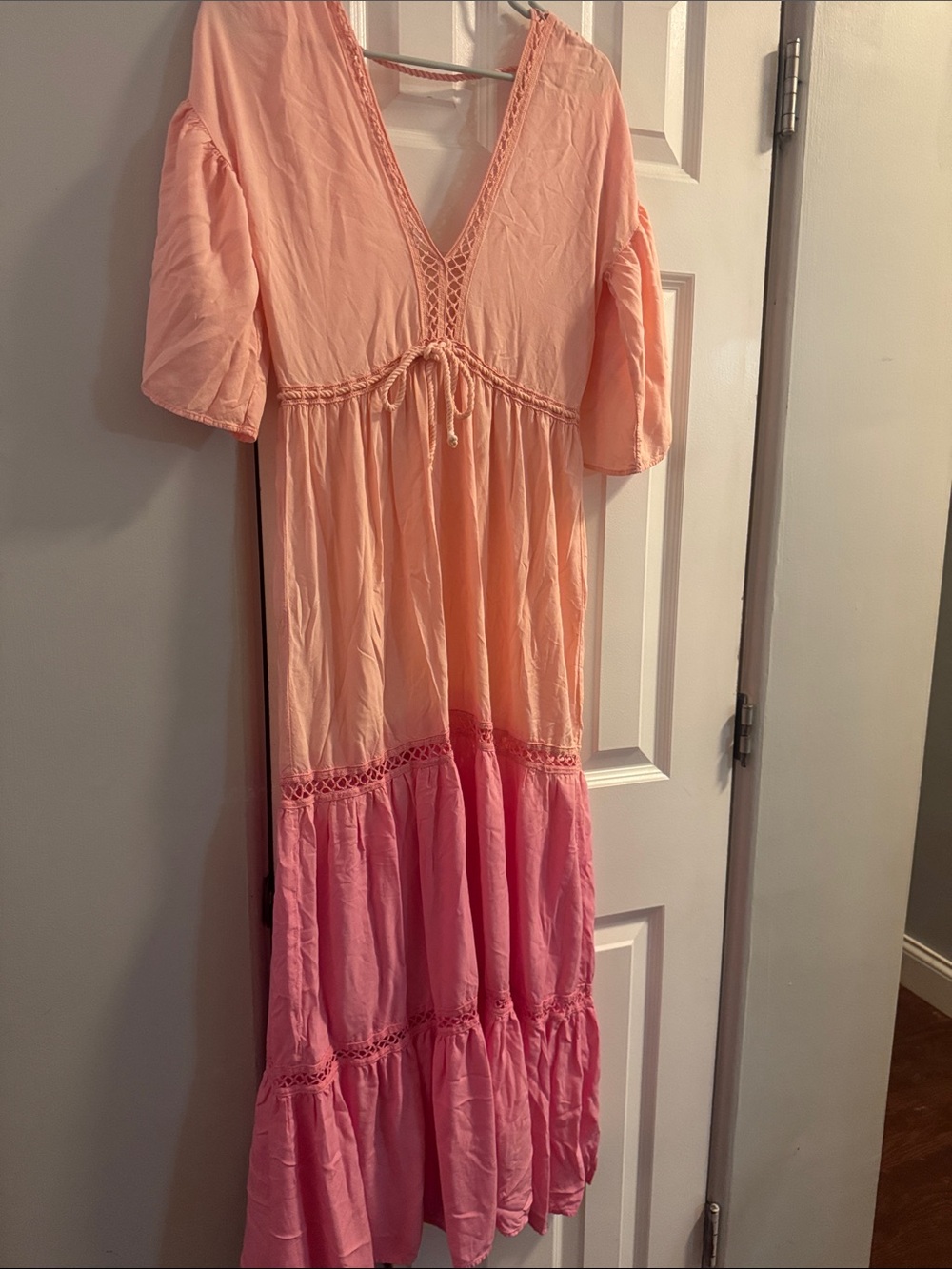 Jen's Pirate Booty Peach to Pink Ombre Maxi Dress with Crochet Trim